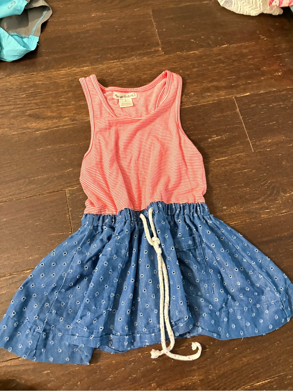 Girls Pink Striped Tank Dress with Blue Eyelet Skirt